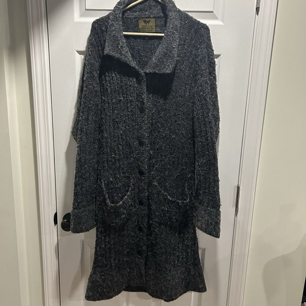 Peruvian Trading Company Long Cardigan Sweater Button Dark Gray Women's Oversize